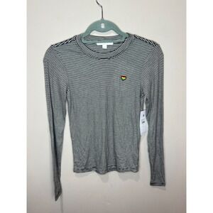 Spiritual Gangster NWT Black White Striped Rib Long Sleeve Top Rainbow Heart XS